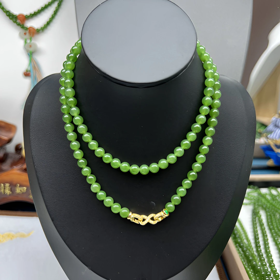 【惠帆珠宝】和田玉碧玉卡6mm高冰阳绿无黑点108颗长链时尚精致款