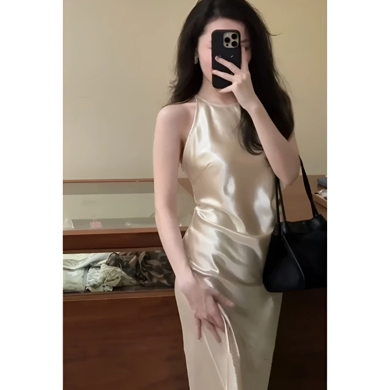 纯欲风御姐洋气减龄修身无袖背心连衣裙夏季收腰显瘦开叉A字长裙