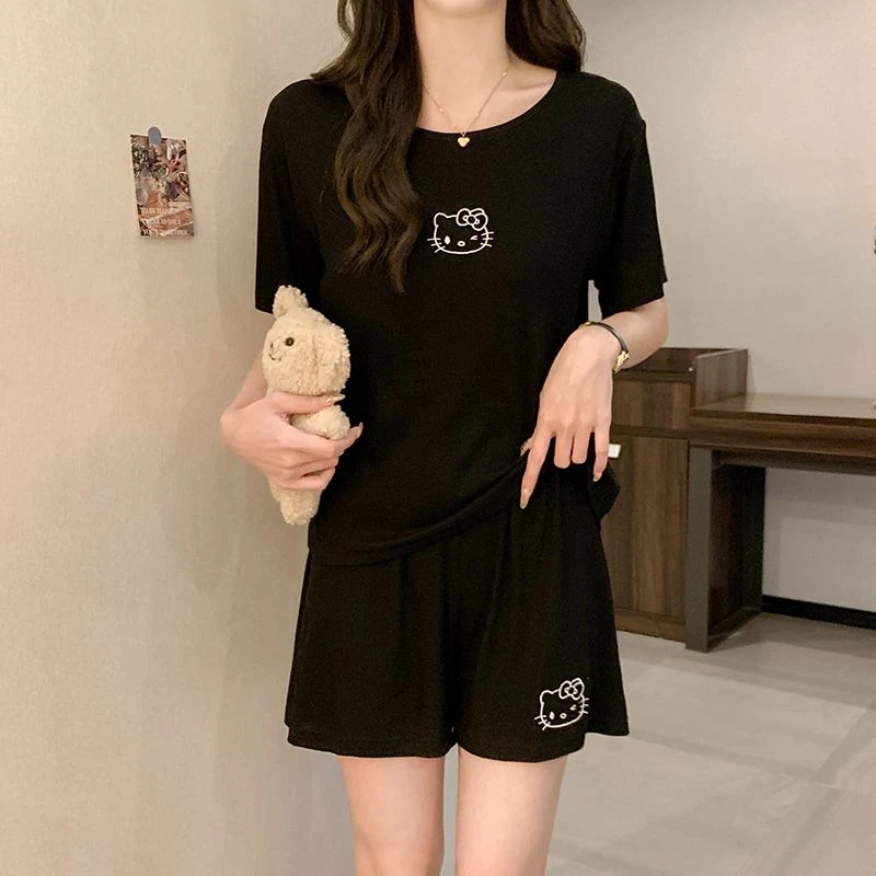 夏季kitty睡衣女款可外穿带胸垫莫代尔棉家居服薄款可爱短袖套装