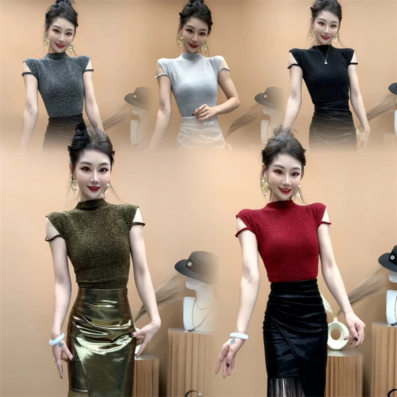 轻薄透气弹力时尚气质百搭满钻短袖T恤小衫