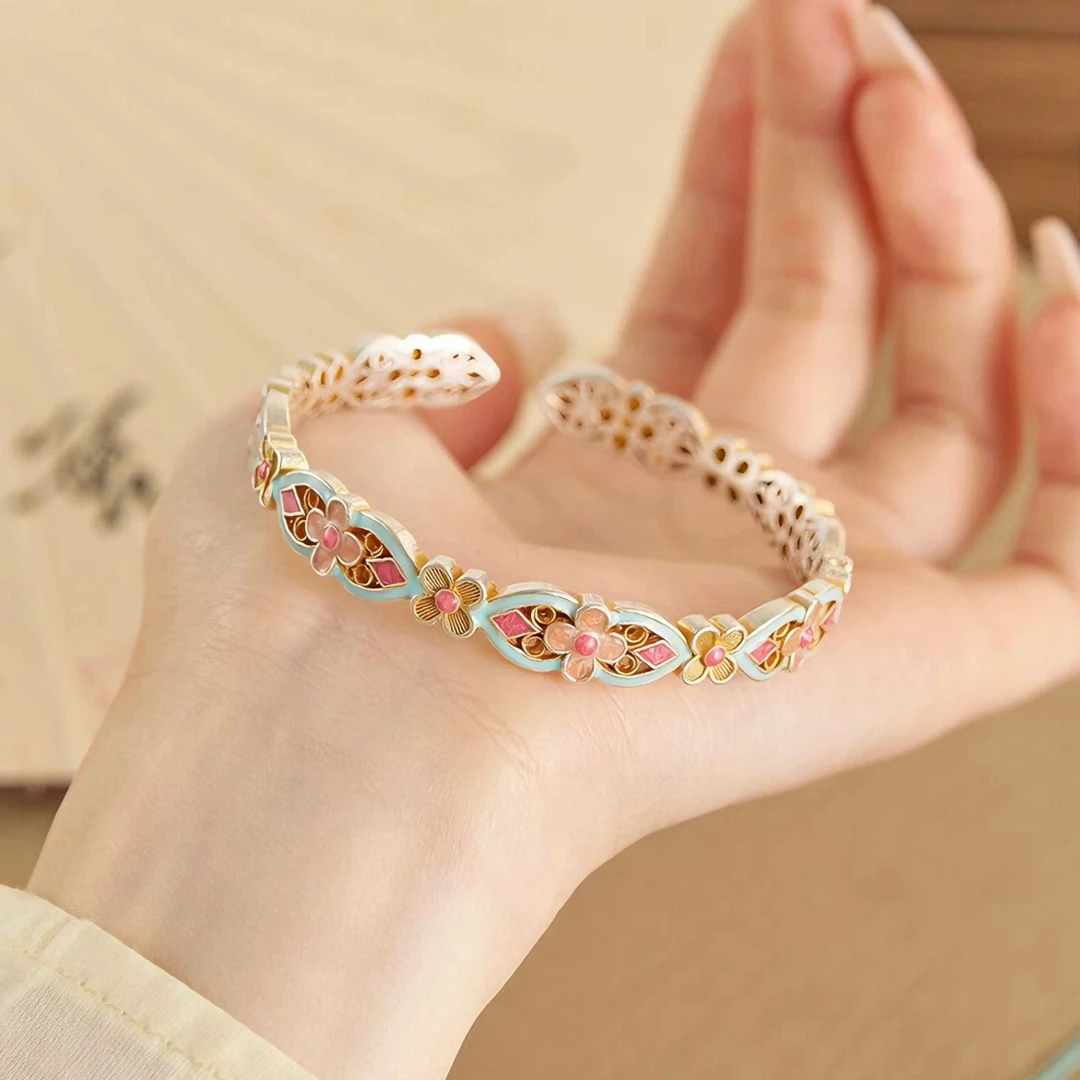 足银珐琅手镯 新中式国风足银999银手镯描金珐琅繁花镂空开口镯子