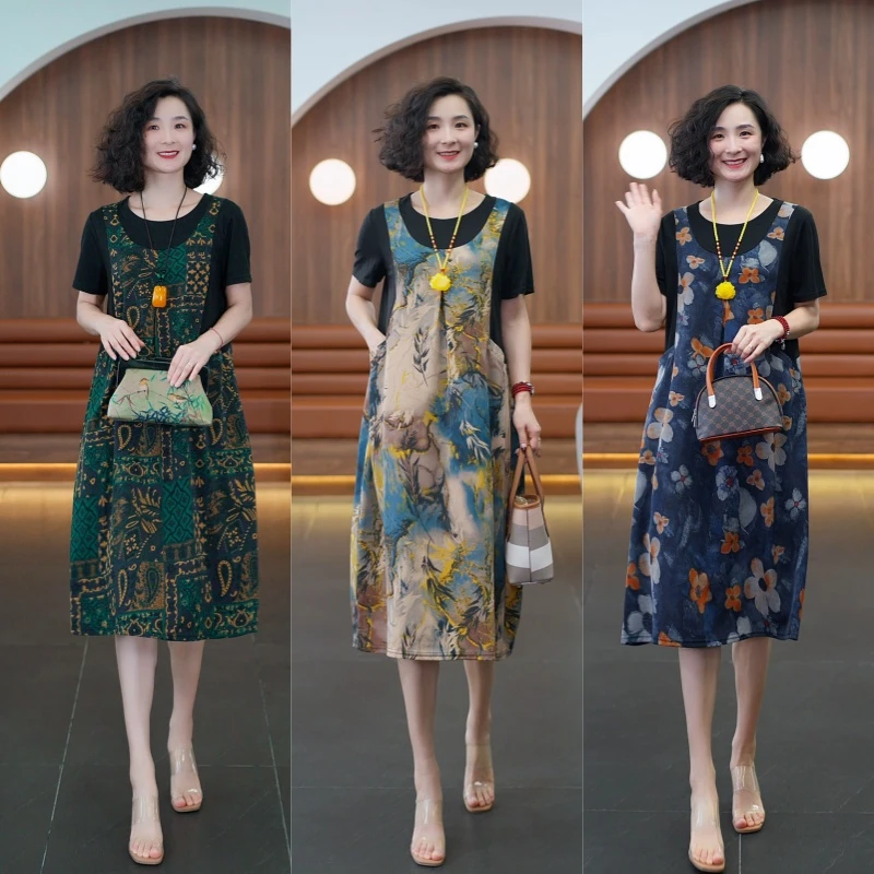 夏季假两件大码裙子薄款透气时尚宽松印花遮肚显瘦妈妈连衣裙8383