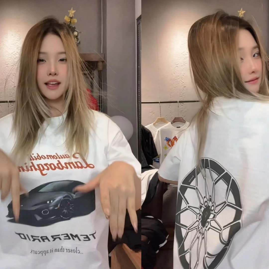 夏季新款重磅巴黎风潮牌纯棉立挺 跑车大牛挺宽松透气印花短袖恤