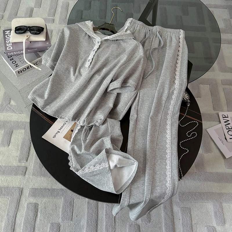 欧货时尚休闲运动套装女夏季新款蕾丝拼接连帽卫衣直筒长裤两件套