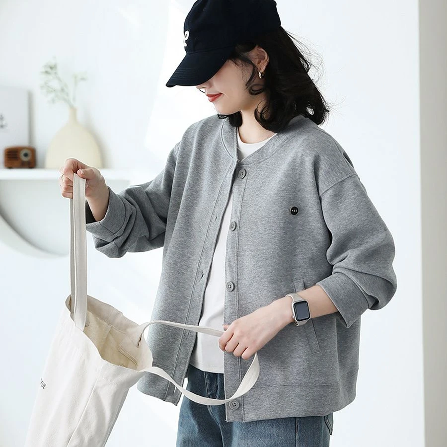 灰色卫衣外套女开衫棒球服圆领百搭新款韩版长袖休闲宽松oversize