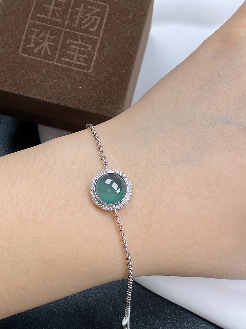 天然翡翠A货蓝冰包镶款手链通体S925银镶嵌