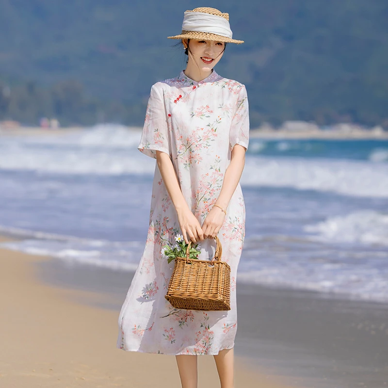 高端苎麻碎花连衣裙2025年新款女夏季气质棉麻中式改良版旗袍薄款