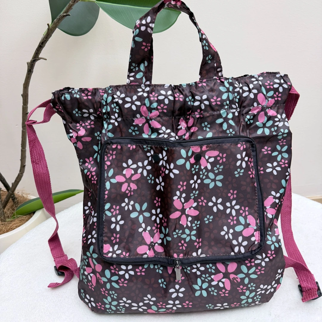 35x40x10cm时尚多口袋折叠防泼水收纳购物买菜手拎包 咖色小花