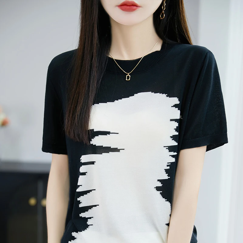 夏季圆领短袖针织衫气质百搭宽松针织拼色短袖简约休闲短袖T恤女