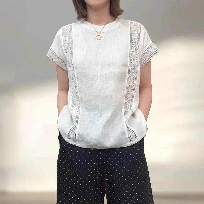 韩版减龄拼接镂空圆领衬衫女新款轻薄透气舒适宽松慵懒显瘦上衣夏