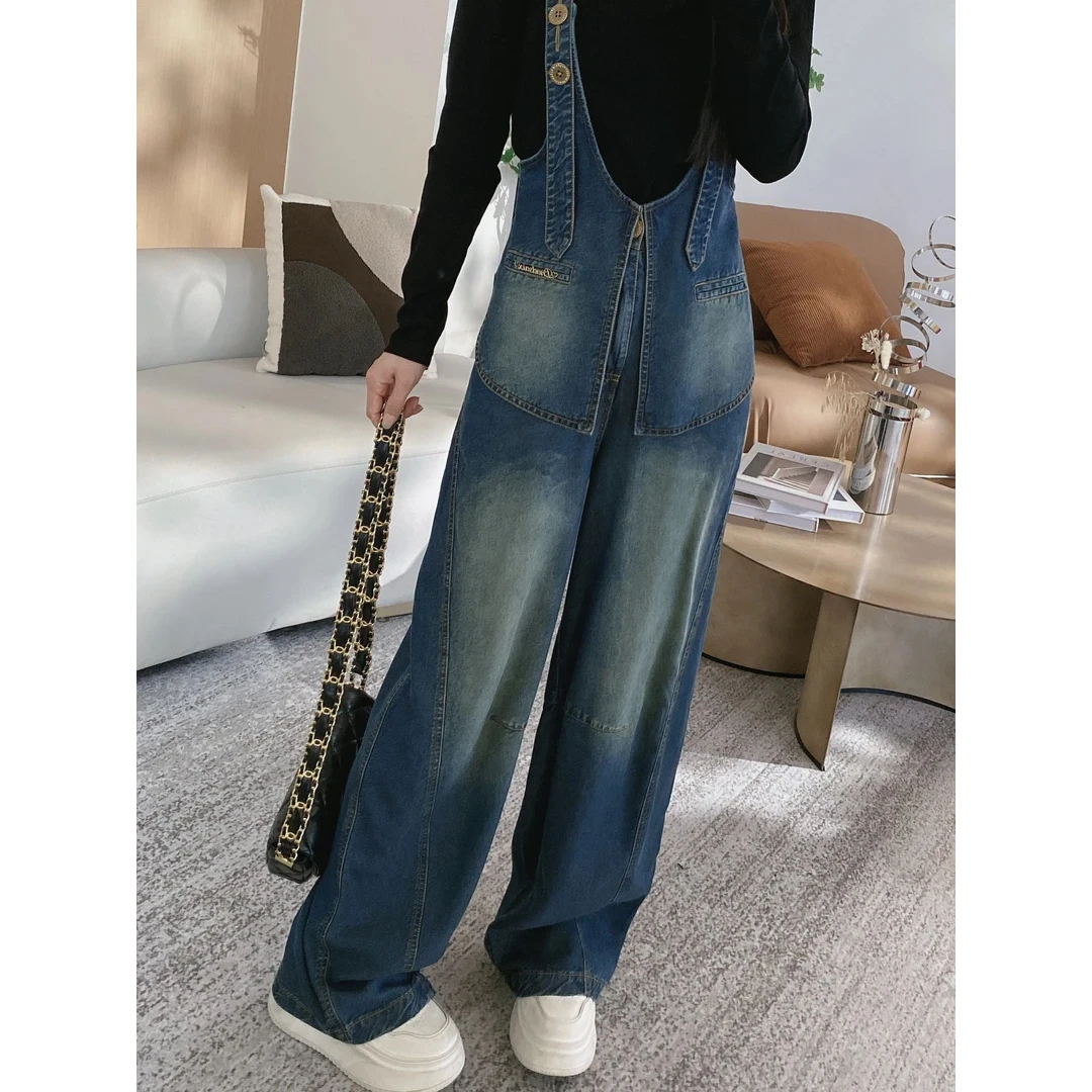 帅气可调节牛仔背带裤丹宁风洋气女裤小个子可穿时髦牛仔阔腿裤Y