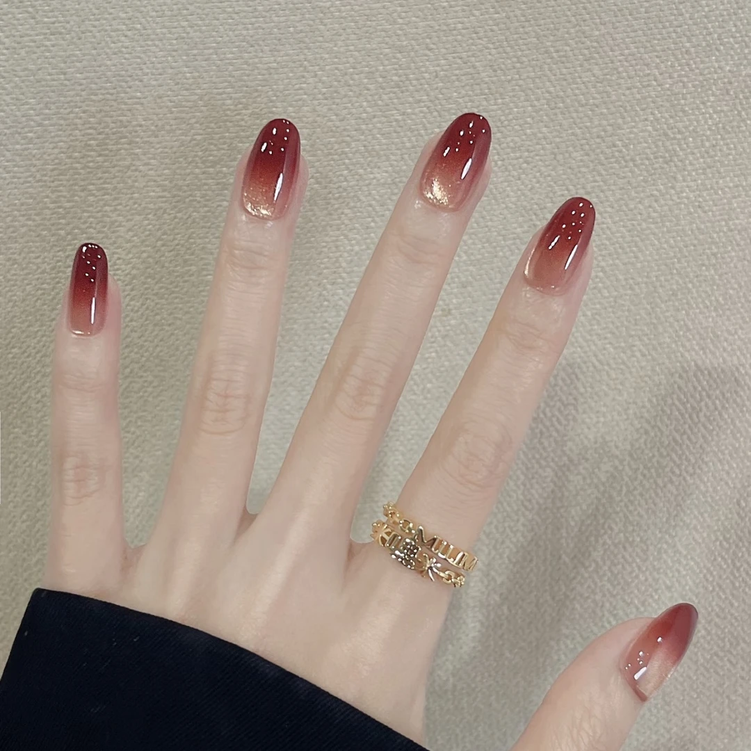 红石榴】渐变冰透玻璃珠猫眼美甲穿戴甲片气质显白半手工穿戴甲
