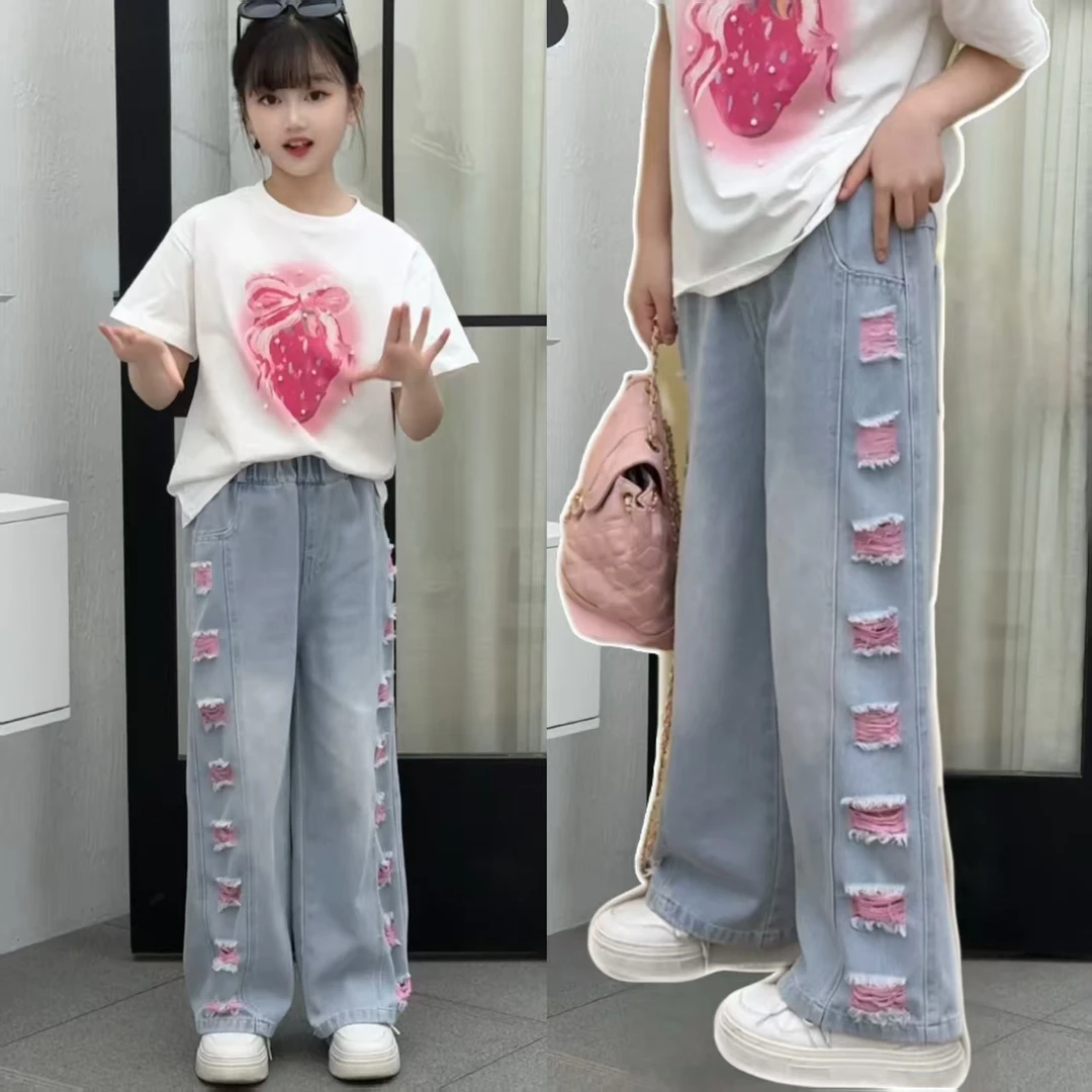 【陈思晨】~女童春季新款个性破洞设计休闲直筒阔腿牛仔裤8092