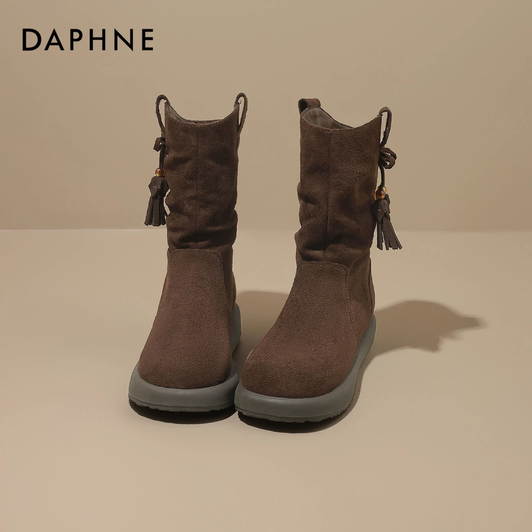 达芙妮新款咖色流苏短靴女2025秋季超火绒面西部堆堆靴厚底马丁靴