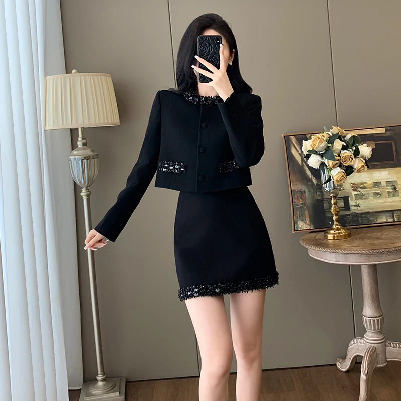 秋季长袖御姐时尚减龄小个子气质千金小香风西装套装女短裙两件套