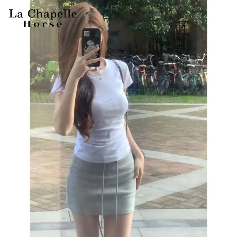 美式辣妹白色正肩短袖T恤女夏季修身收腰显瘦高级感紧身短款上衣