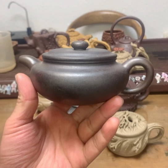 紫砂茶壶紫泥柴烧扁腹