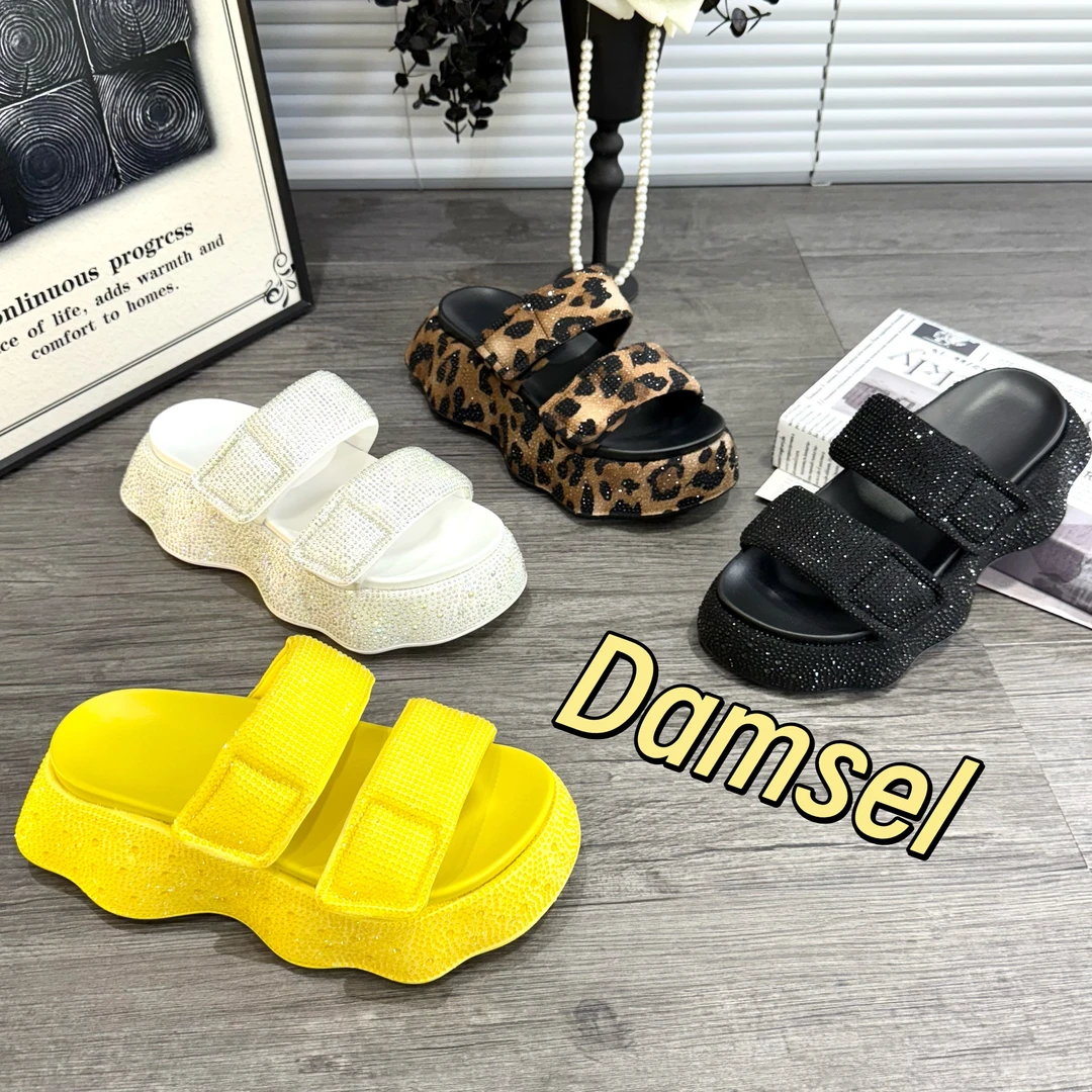 Damsel-爆款2025夏季新款外穿时尚拖鞋满天星厚底水钻一字拖鞋女