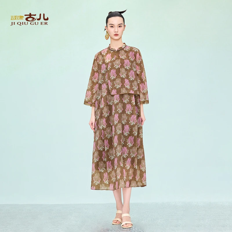 吉丘古儿蒲心国风新中式连衣裙时尚印花复古温婉大气裙子G252Y028
