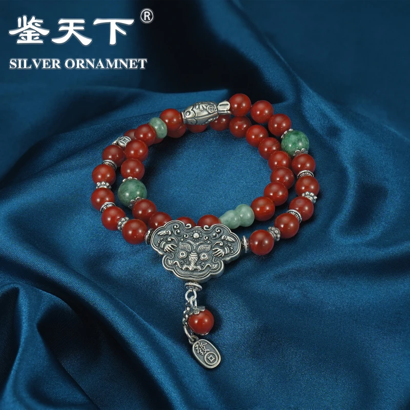 925银手链 [鉴天下]烤色串珠吞金兽福禄招财手链06200213气质