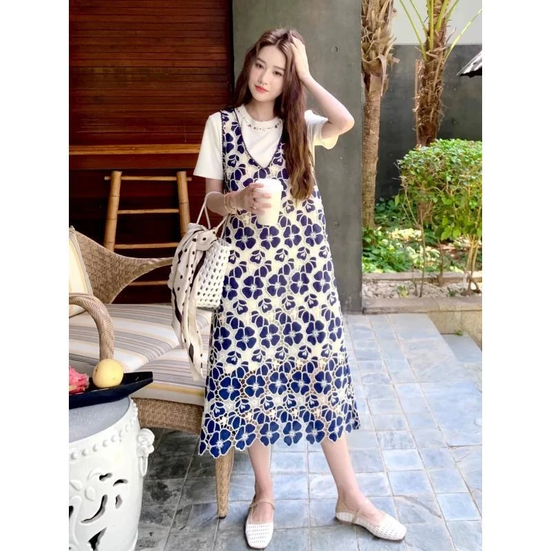 【曲奇COOKY专属】巨好看镂空花朵背带连衣裙套装遮肚显瘦两件套