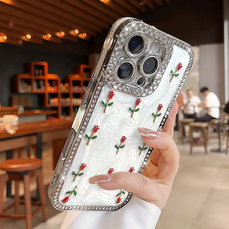奢华水钻滴胶玫瑰适用苹果16手机壳iPhone15高级感14防摔13保护套