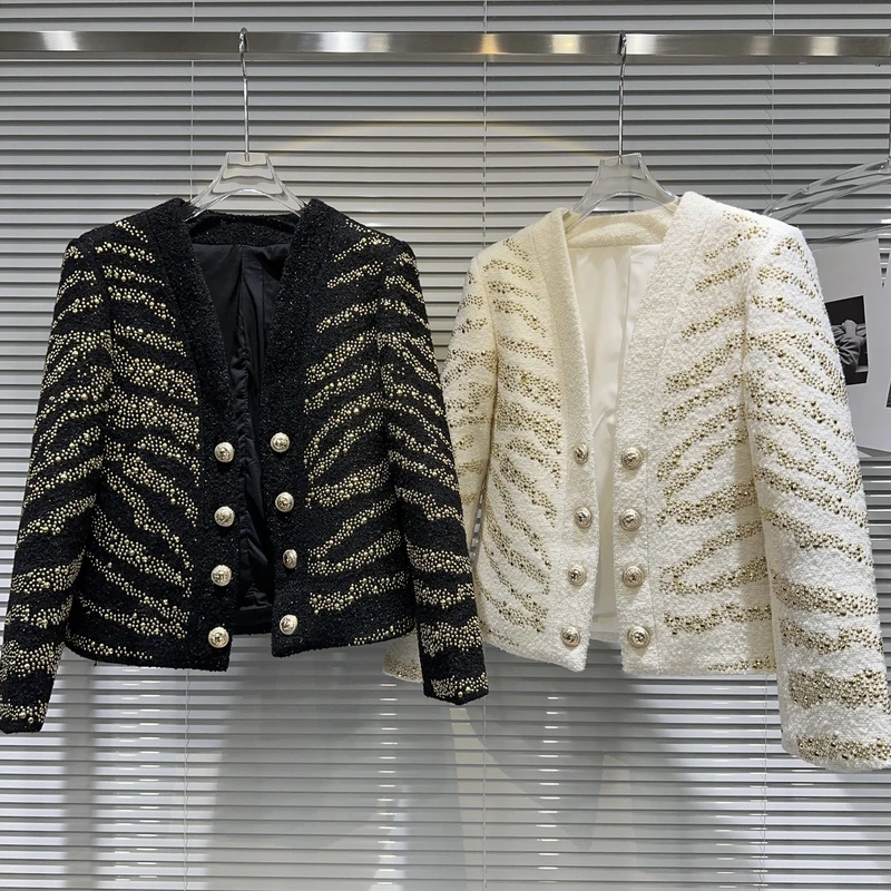 网红同款2025春季新款小香风气质名媛老虎纹重工金铆钉短外套上衣