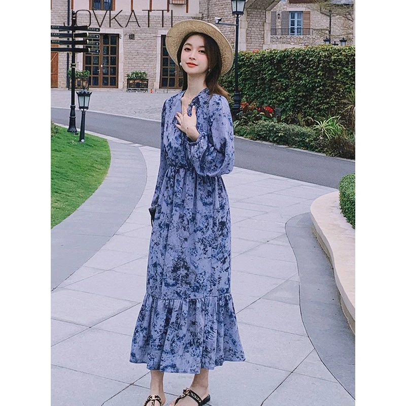 法式复古蓝色扎染碎花连衣裙女2025秋季甜美气质轻奢高级感茶歇裙
