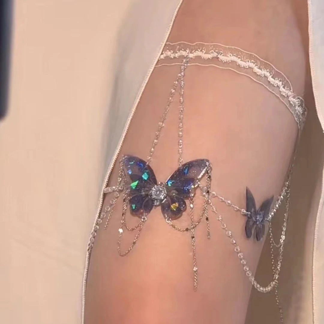 合金布艺项链 纯欲风~超仙蕾丝蝴蝶流苏腿链小众设计感腿环森系高