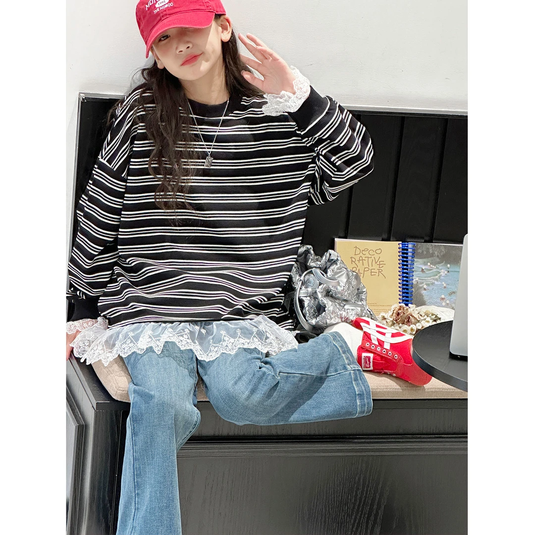 K28560孙小美蕾丝花边女童秋装长袖T恤2025新款春秋儿童打底衫