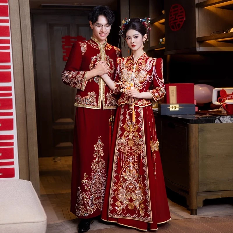 丝绒秀禾服新款大码胖mm200斤新娘出阁服中式嫁衣显瘦重工敬酒服