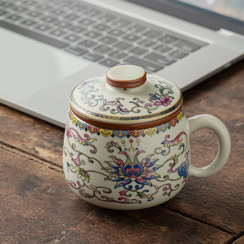 缠枝莲米黄汝窑茶杯过滤办公杯茶水分离杯子个人专用高档泡茶水杯