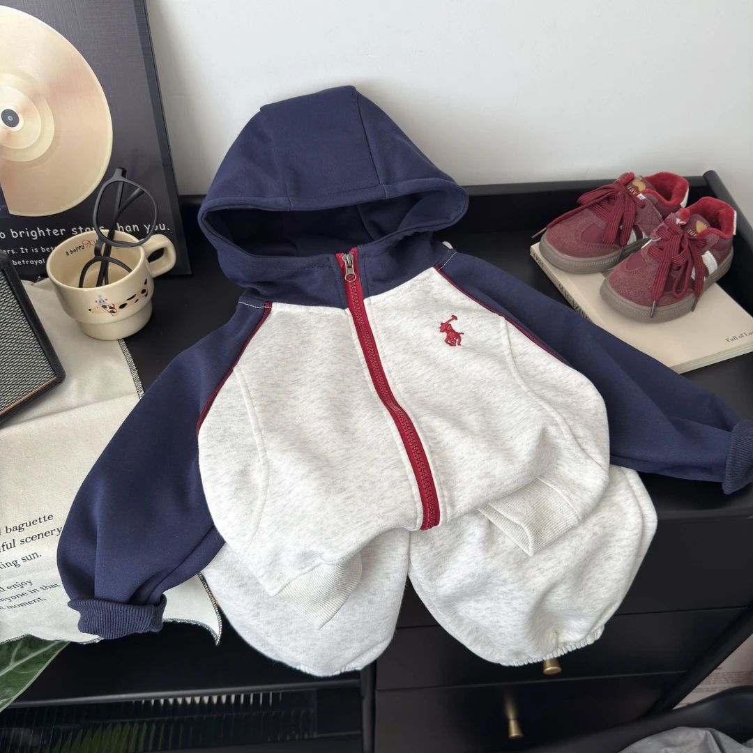 2025秋季新款童装男女童连帽拉链衫长袖套装男宝运动长裤两件套潮