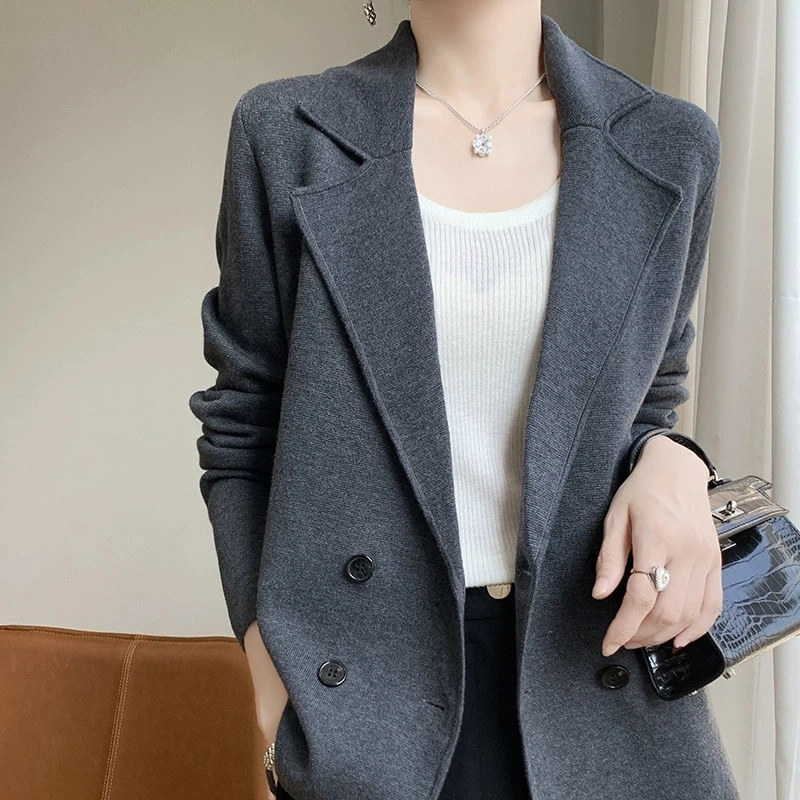 秋冬新款加厚西装领大衣女外套长袖纯色宽松显瘦上衣外搭潮