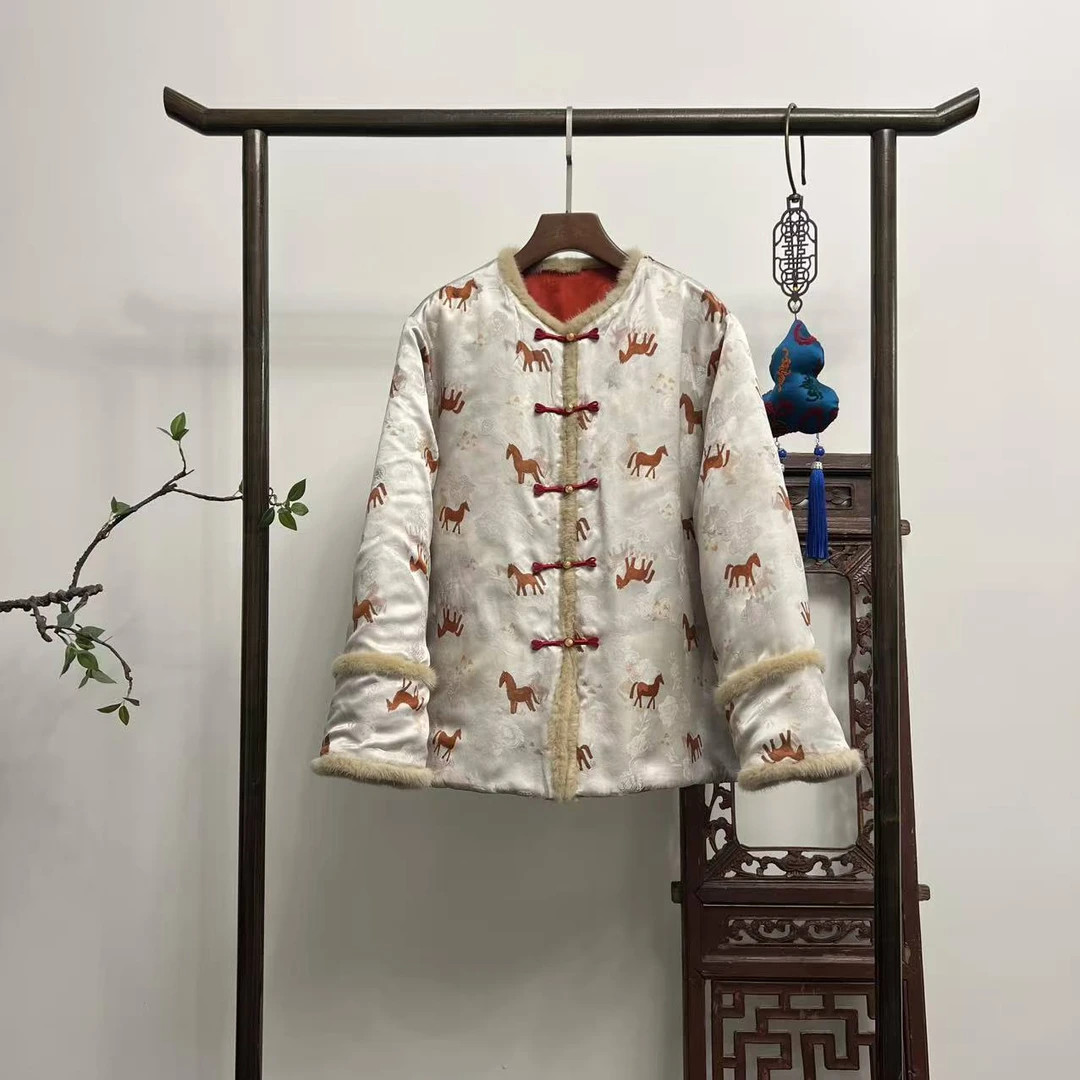 【马上有喜】新中式双面双穿桑蚕丝加面加厚棉服W50236