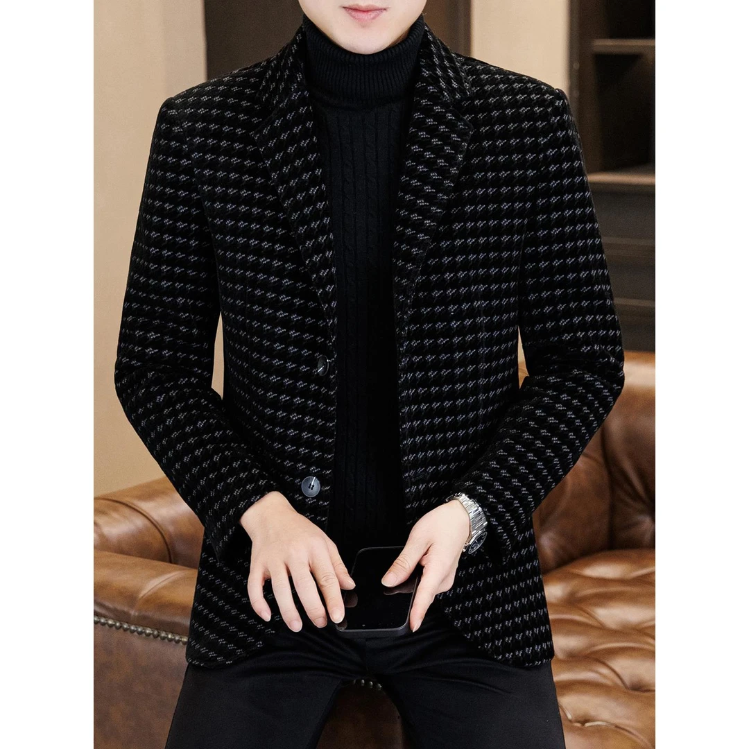 彪博秋冬季格子夹克男加厚韩版修身呢子西装外套男装痞帅毛呢大衣