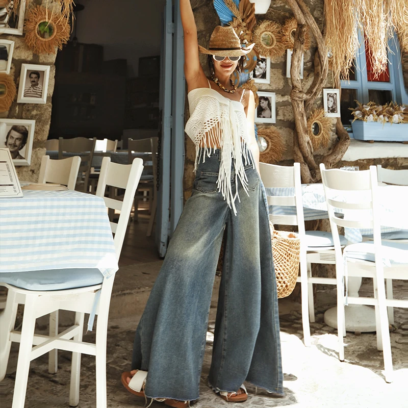 麦叙《美式周末》复古蓝色高腰毛边阔腿牛仔裤女夏百搭休闲长裤