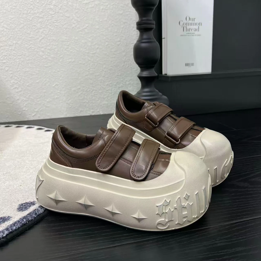 欧洲站网红大头厚底松糕小个子增高7cm面包溶解休闲鞋魔术贴女鞋