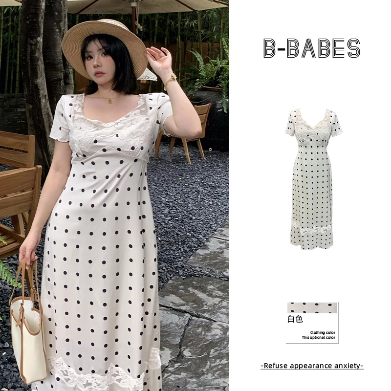 清仓【斑点玛丽】法式蕾丝拼接波点碎花裙微胖显瘦设计感连衣裙
