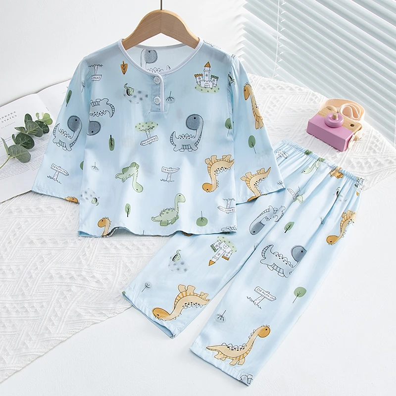 夏季儿童棉绸睡衣套装男童女童宝宝家居服绵绸男孩中大童长袖薄款