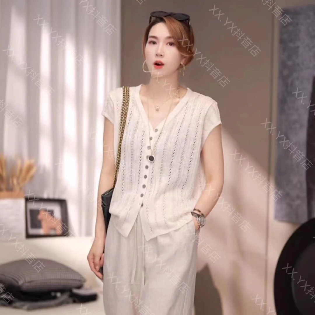 XX.YX优雅主义）夏季凉凉竹节麻镂空小飞袖显瘦V领针织开衫2531