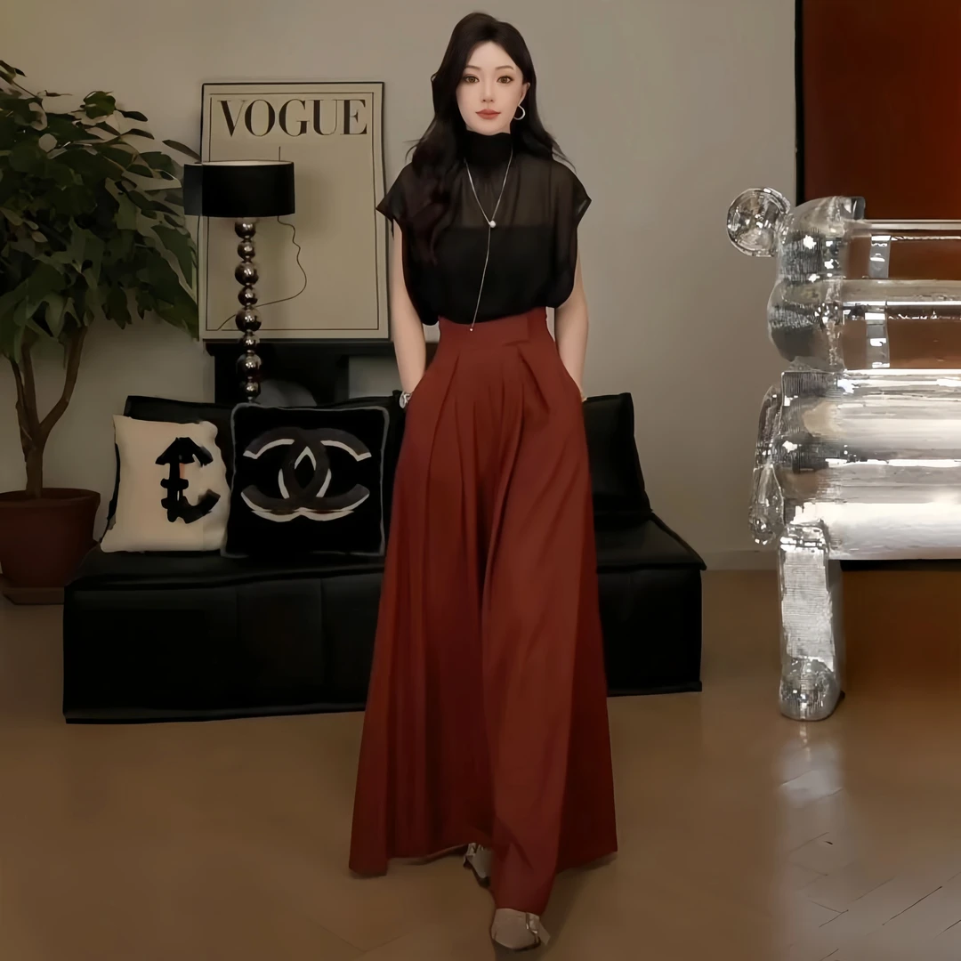 高级感时尚套装女夏季新款网纱轻薄冰丝上衣高腰阔腿裤时髦两件套