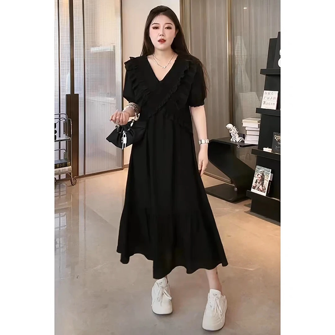 大码女装胖mm法式V领木耳边褶皱感连衣裙女2025夏气质显瘦长裙子