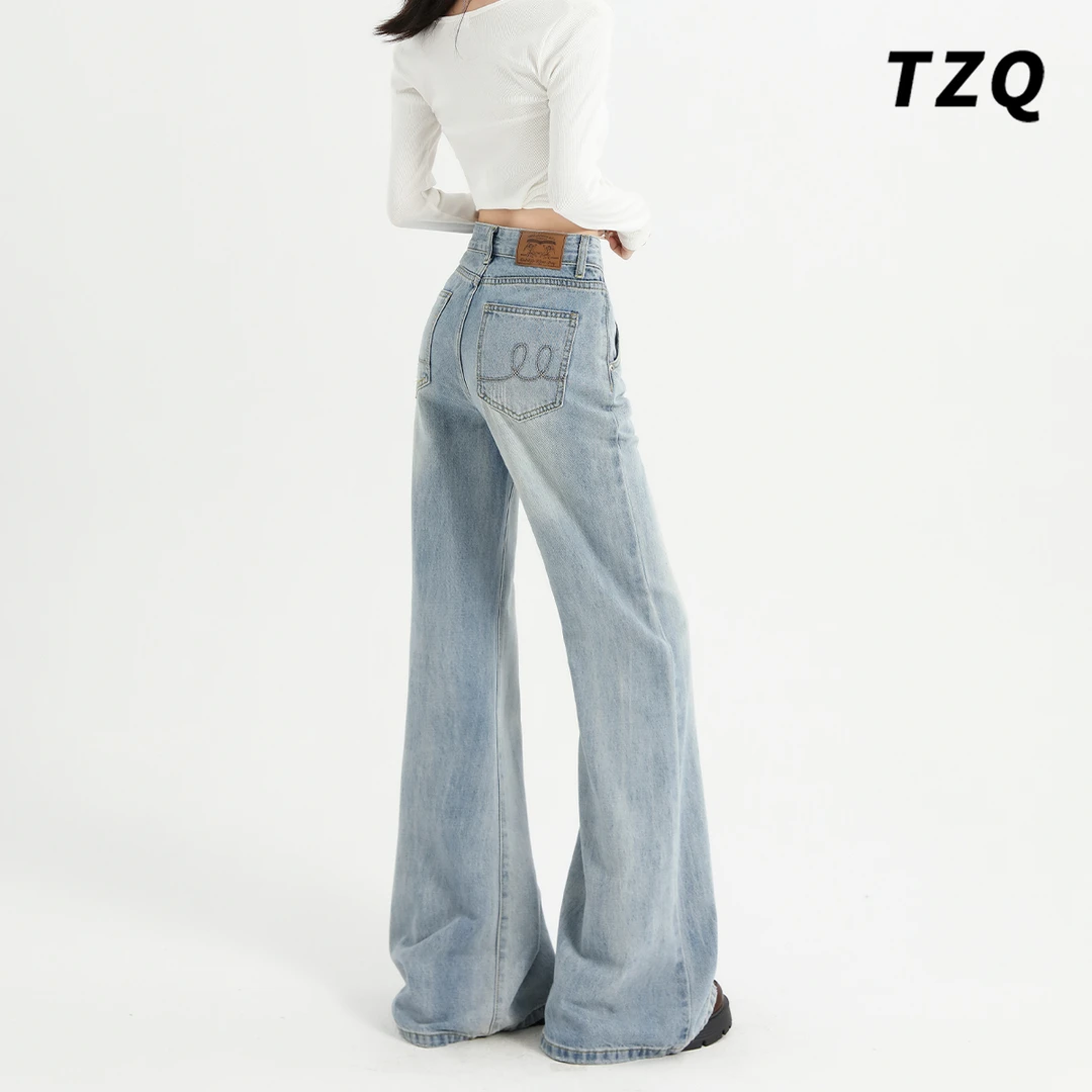 美式浅蓝色微喇牛仔裤女2025秋季新款阔腿修身显瘦长裤TZQ2590254