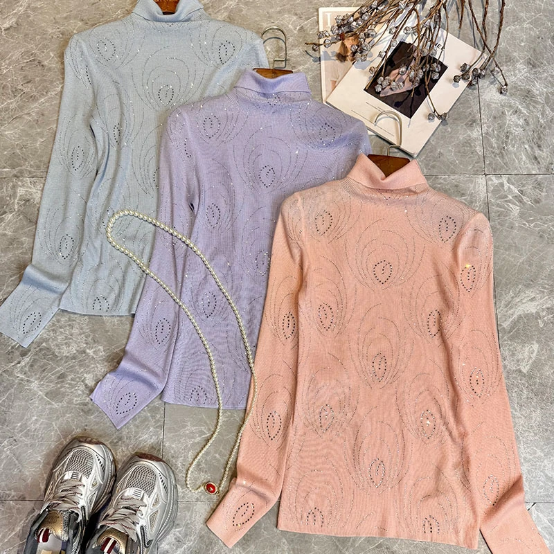 秋冬烫钻高领针织打底衫女纯色时尚百搭套头修身显瘦内搭上衣