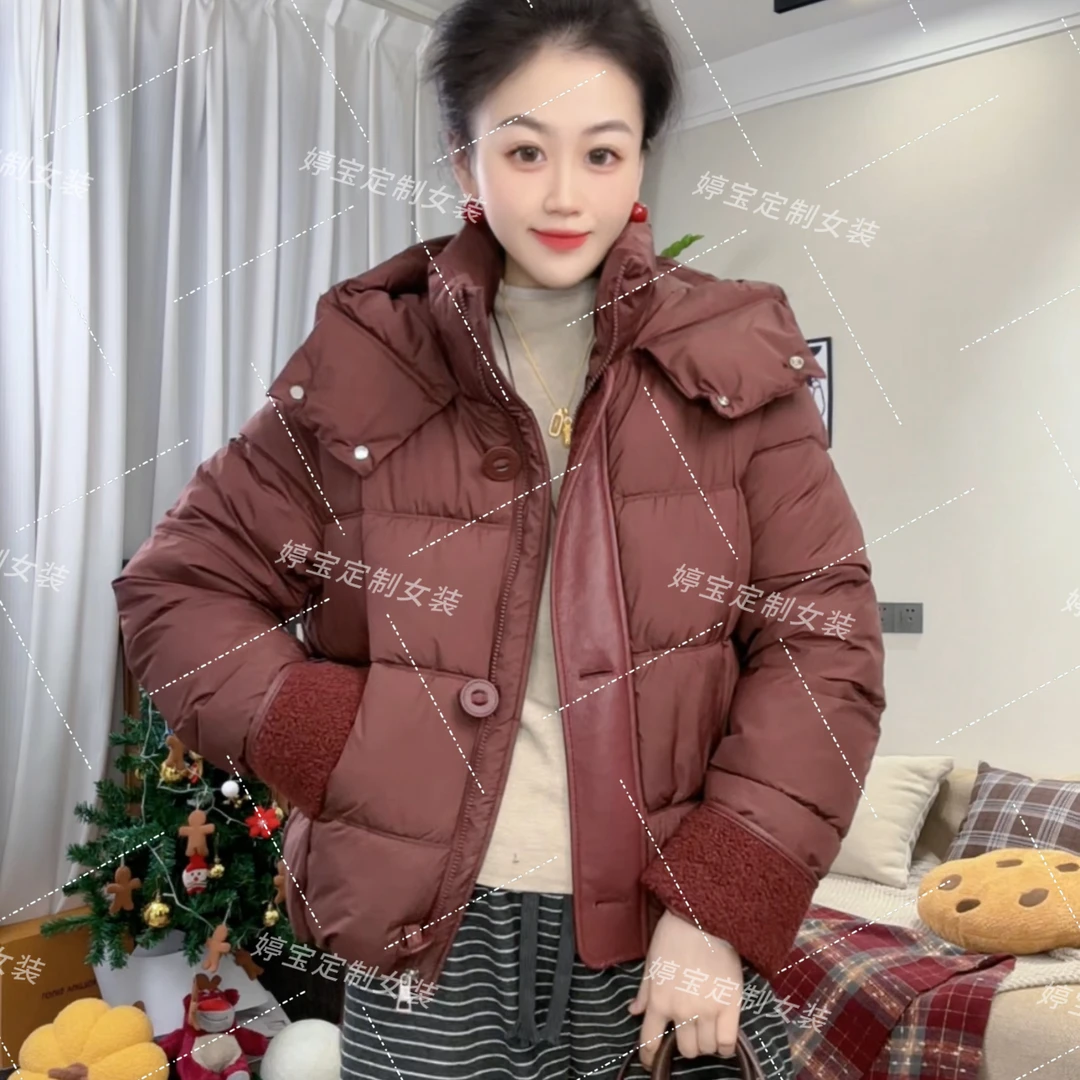 女士时尚设计大扣子立领连帽保暖加厚棉服棉衣827