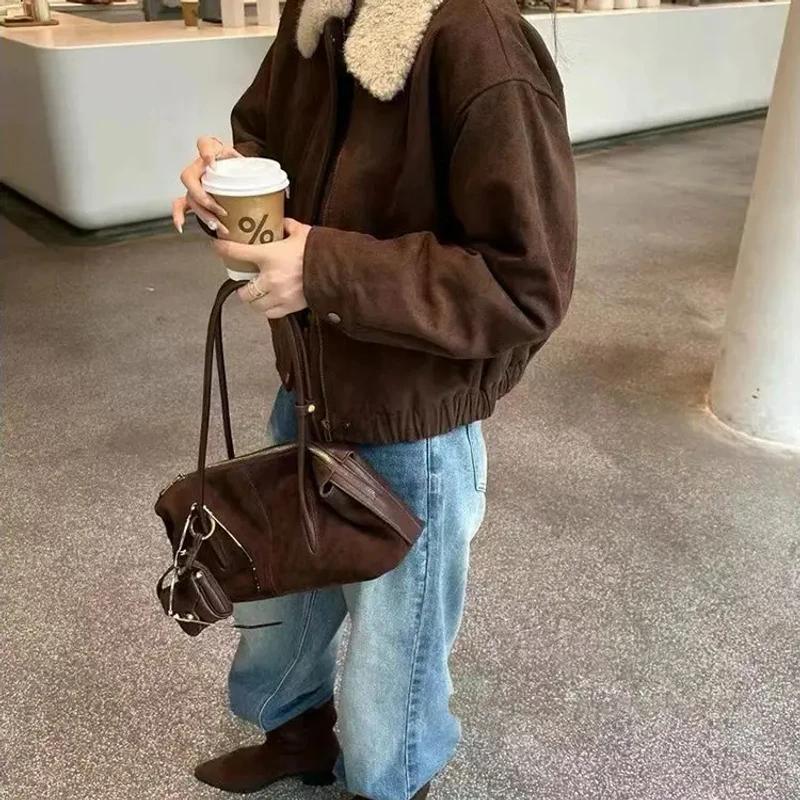 【ChuLi】美拉德咖啡色2025冬季新款毛绒翻领机车夹克短款外套