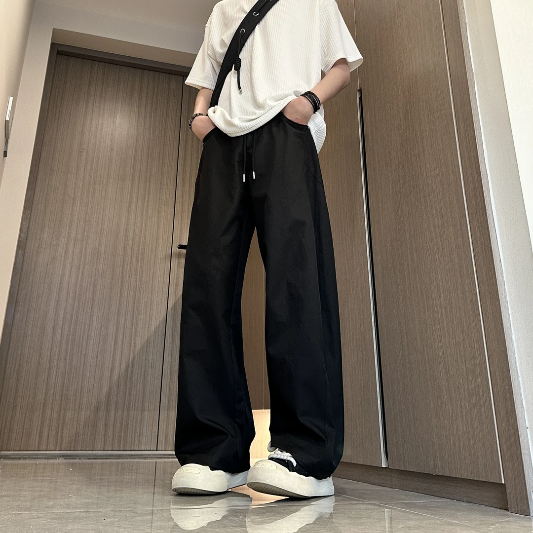美式斜切休闲裤子男春夏季潮牌高街弯刀裤大码宽松直筒阔腿长裤