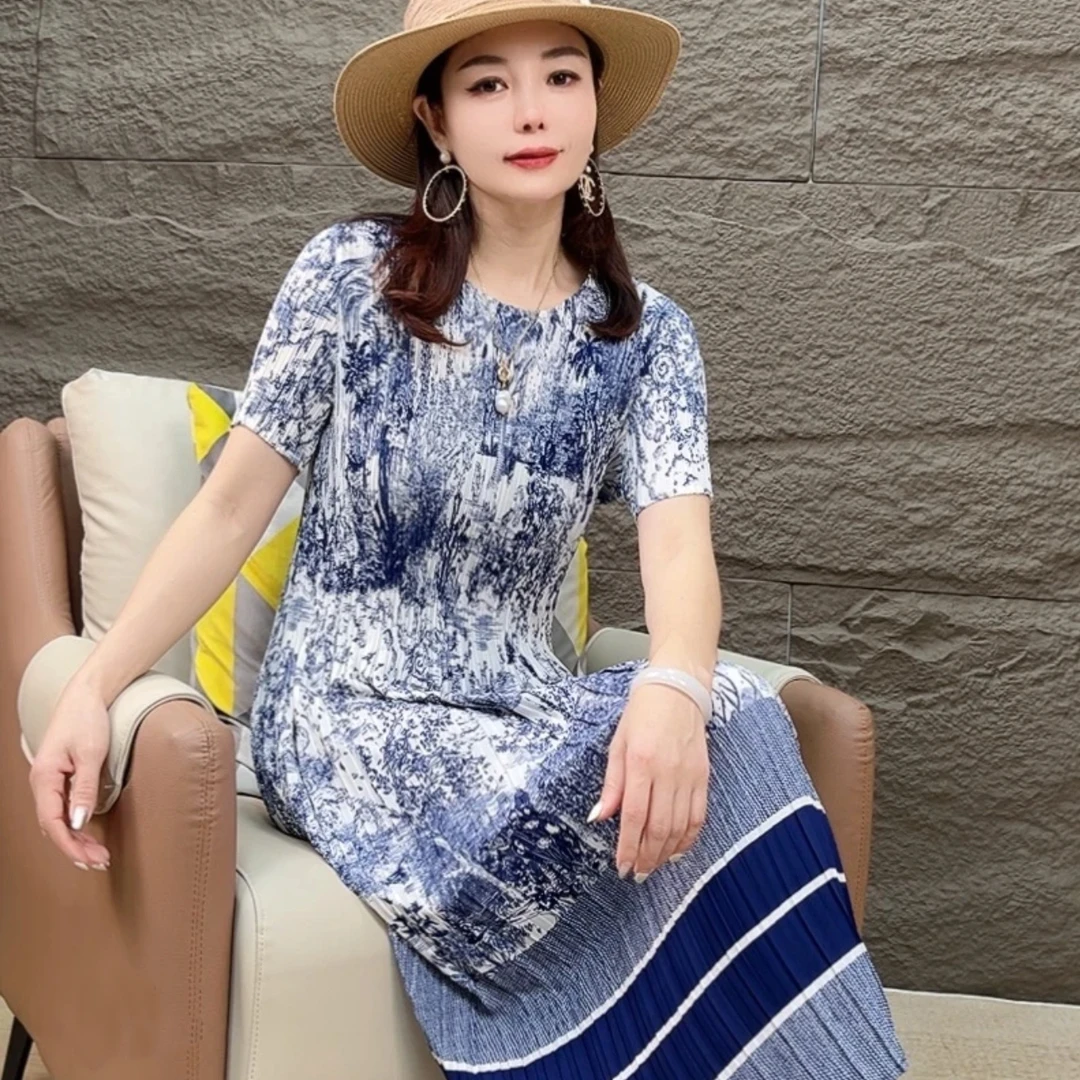 青花瓷三宅风褶皱气质碎花均码弹力连衣裙