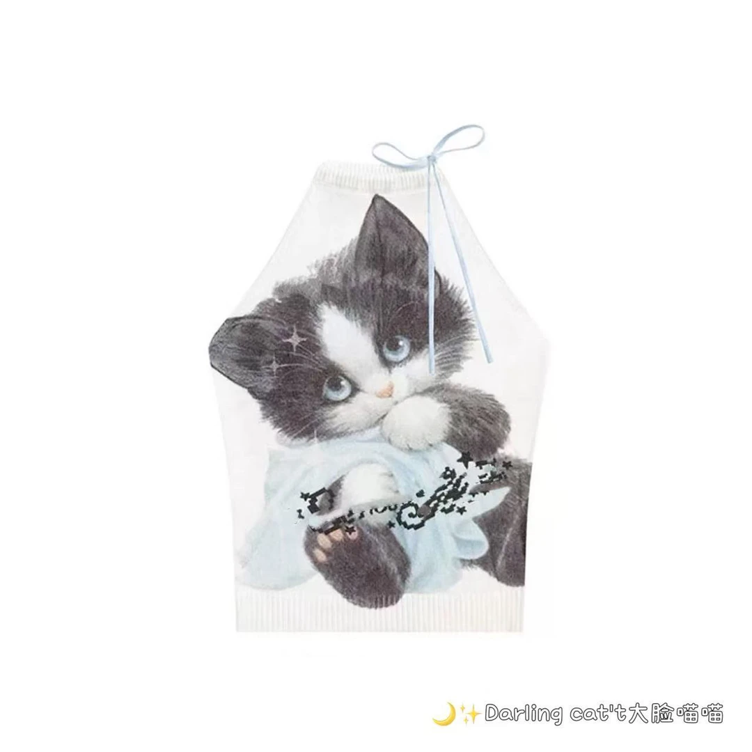 大脸喵 夏季猫咪印花白色系带挂脖针织无袖吊带背心女设计感十足